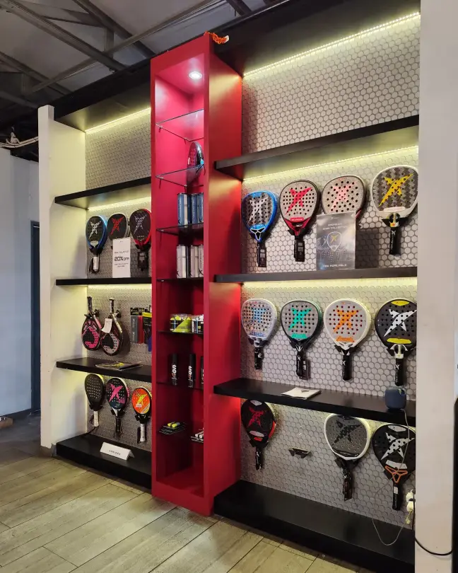 Pro shop wall of Drop Shot rackets